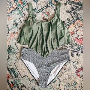 Olive Flounce + Striped Bikini Swim Suit
